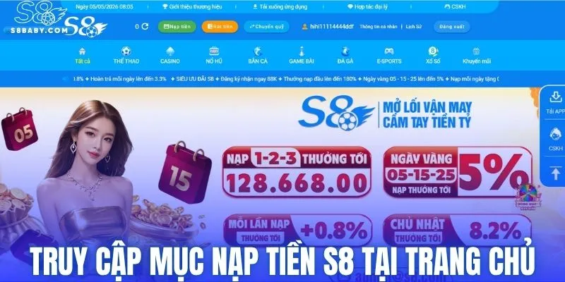 Truy cập mục nạp tiền S8 tại trang chủ