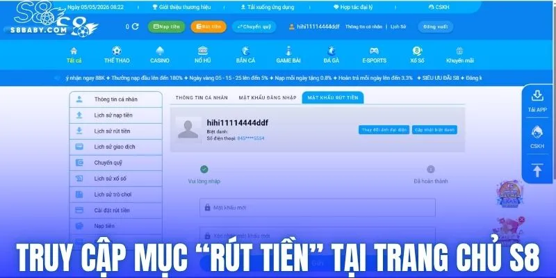 Truy cập mục “Rút tiền” tại trang chủ S8